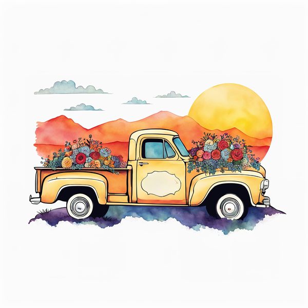 Watercolor Vintage Truck Floral Clipart: Yellow & Earthy PNG JPG Set — image 6