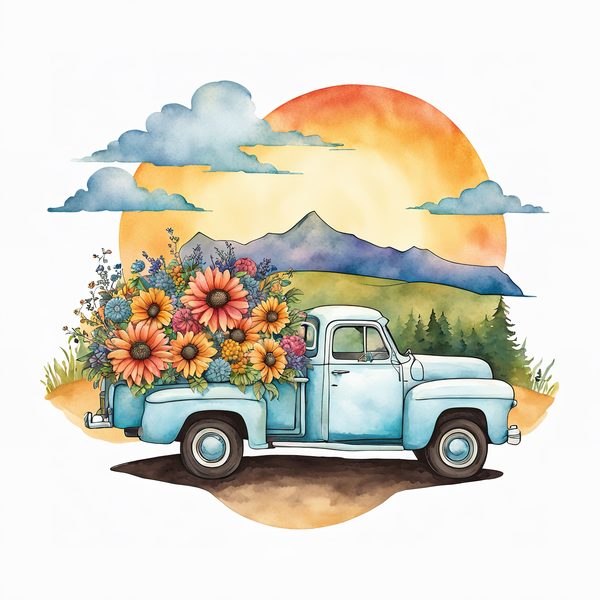 Watercolor Vintage Truck Floral Clipart: Yellow & Earthy PNG JPG Set — image 7