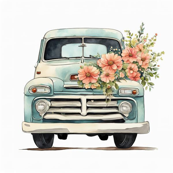 Watercolor Vintage Truck Floral Clipart: Yellow & Earthy PNG JPG Set — image 10