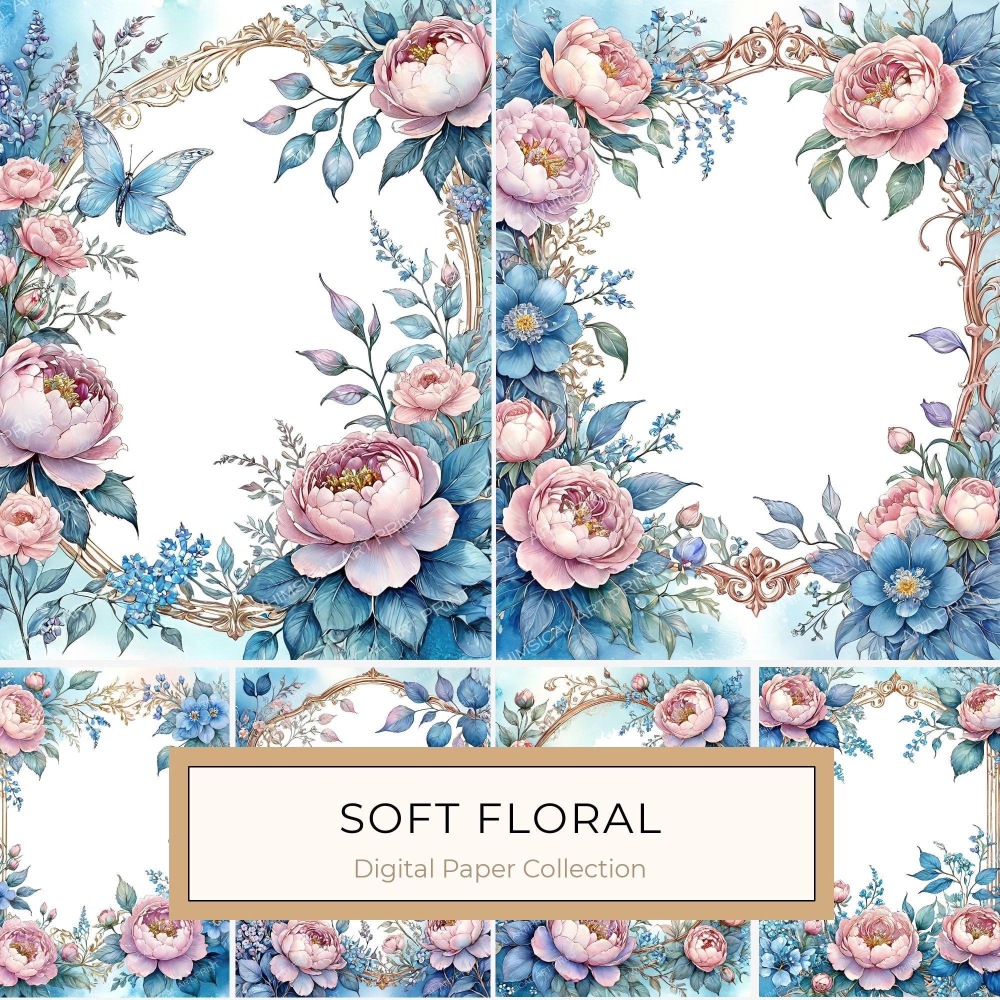 Watercolor Peony Floral Frame: Soft Pastel Digital Paper Set (10 JPGs)