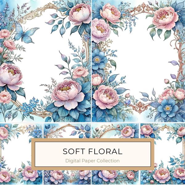 Watercolor Peony Floral Frame: Soft Pastel Digital Paper Set (10 JPGs)