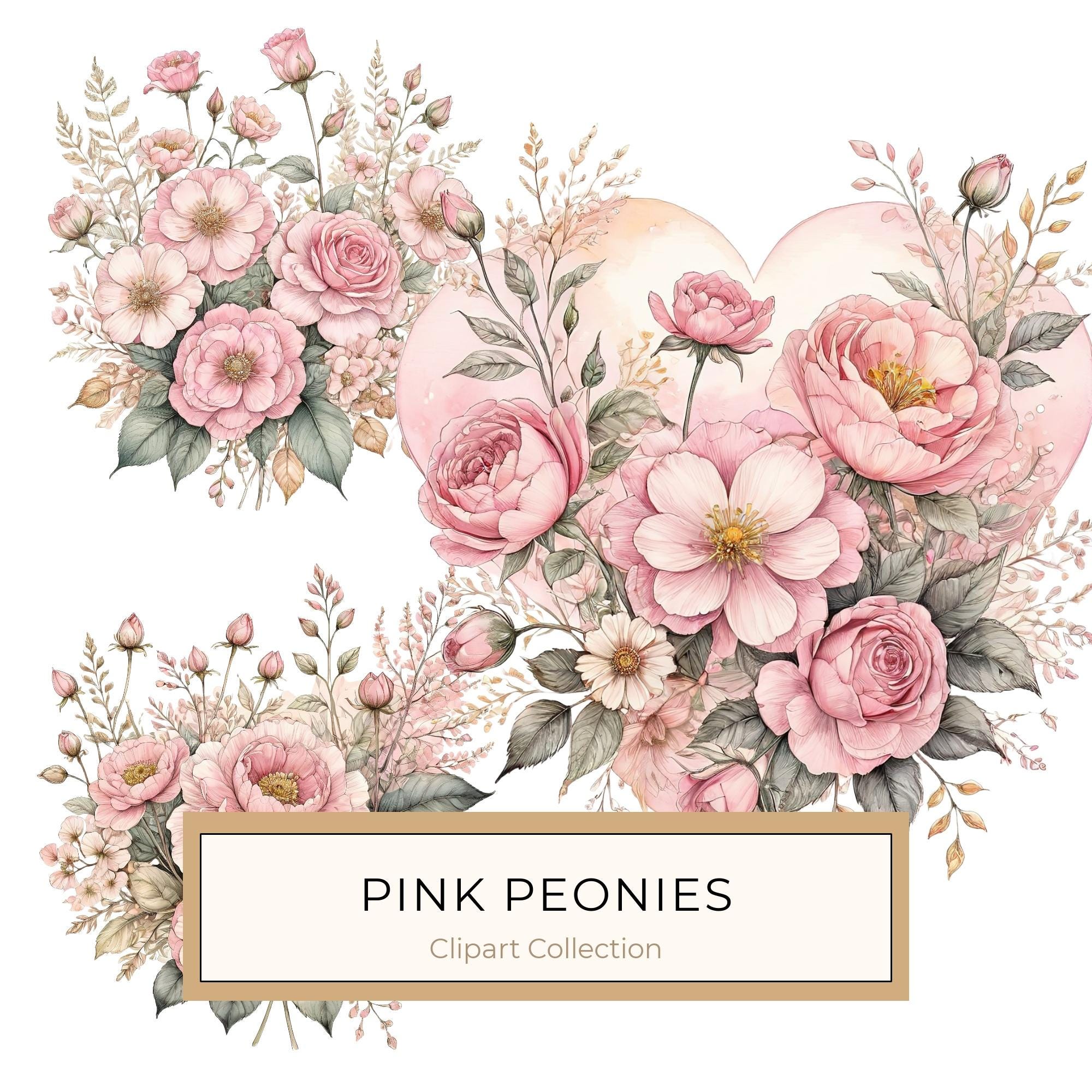 Watercolor Peony Bouquet Clipart: Pink & Gold Floral (PNG JPG)