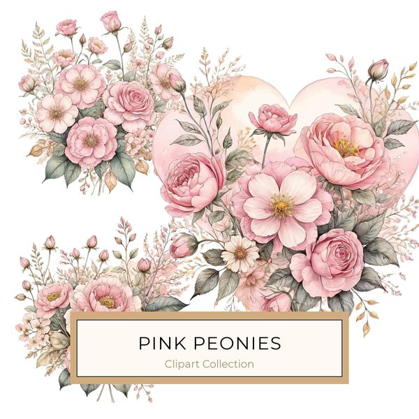 Watercolor Peony Bouquet Clipart: Pink & Gold Floral (PNG JPG)
