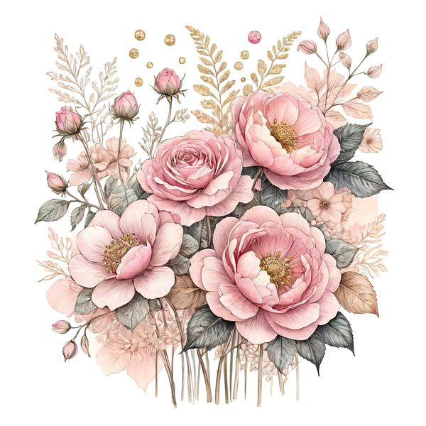 Watercolor Peony Bouquet Clipart: Pink & Gold Floral (PNG JPG) — image 1