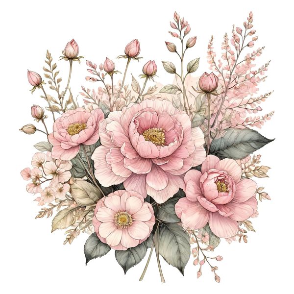 Watercolor Peony Bouquet Clipart: Pink & Gold Floral (PNG JPG) — image 2