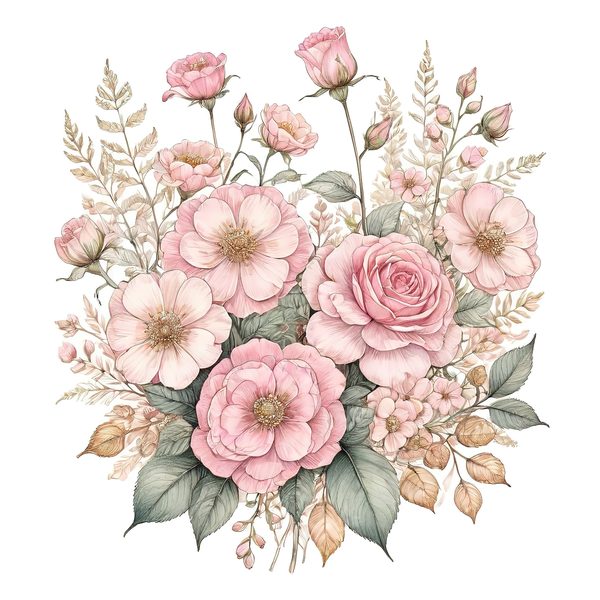 Watercolor Peony Bouquet Clipart: Pink & Gold Floral (PNG JPG) — image 3
