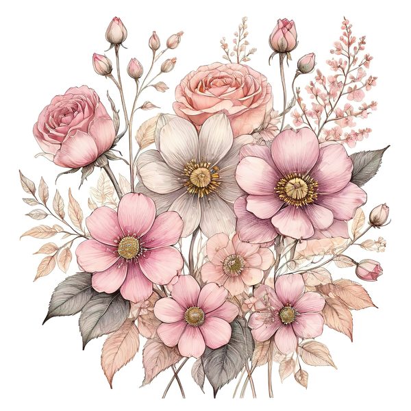 Watercolor Peony Bouquet Clipart: Pink & Gold Floral (PNG JPG) — image 6