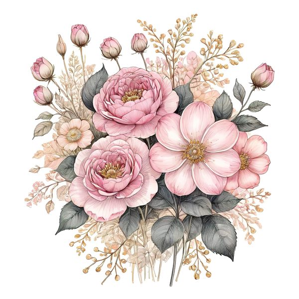 Watercolor Peony Bouquet Clipart: Pink & Gold Floral (PNG JPG) — image 7
