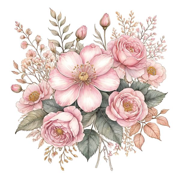 Watercolor Peony Bouquet Clipart: Pink & Gold Floral (PNG JPG) — image 8