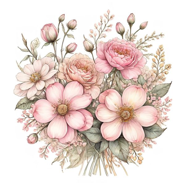 Watercolor Peony Bouquet Clipart: Pink & Gold Floral (PNG JPG) — image 9