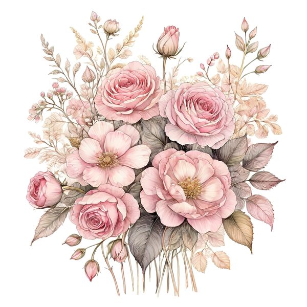 Watercolor Peony Bouquet Clipart: Pink & Gold Floral (PNG JPG) — image 10
