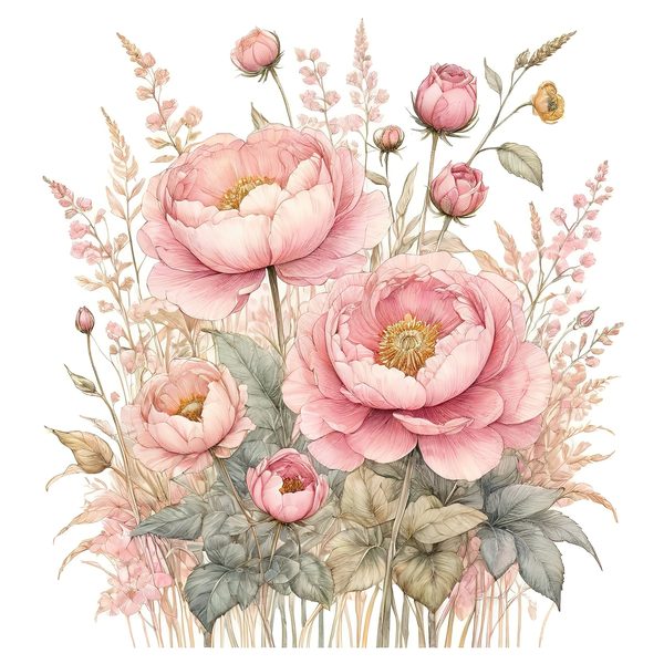 Watercolor Peony Bouquet Clipart: Pink & Gold Floral (PNG JPG) — image 11