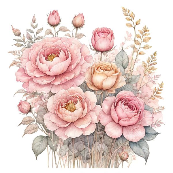 Watercolor Peony Bouquet Clipart: Pink & Gold Floral (PNG JPG) — image 12