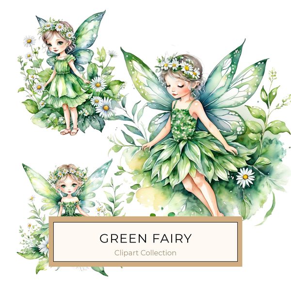 Watercolor Garden Fairy Clipart Set: Green & White Daisies (PNG JPG Digital Download)