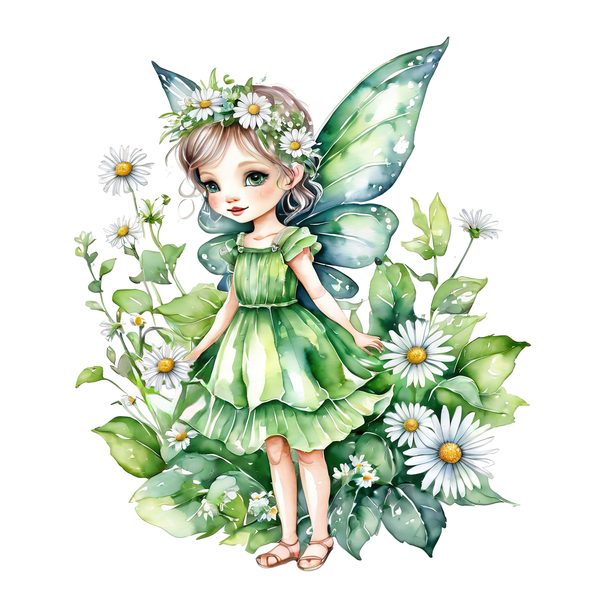 Watercolor Garden Fairy Clipart Set: Green & White Daisies (PNG JPG Digital Download) — image 1