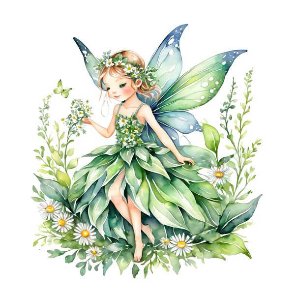 Watercolor Garden Fairy Clipart Set: Green & White Daisies (PNG JPG Digital Download) — image 2