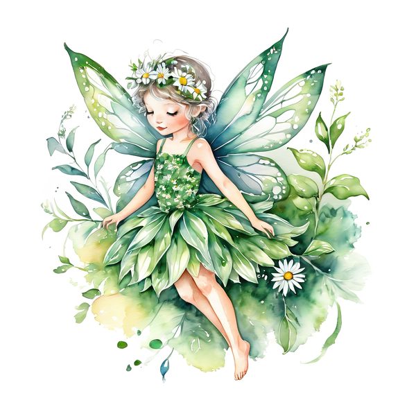 Watercolor Garden Fairy Clipart Set: Green & White Daisies (PNG JPG Digital Download) — image 3
