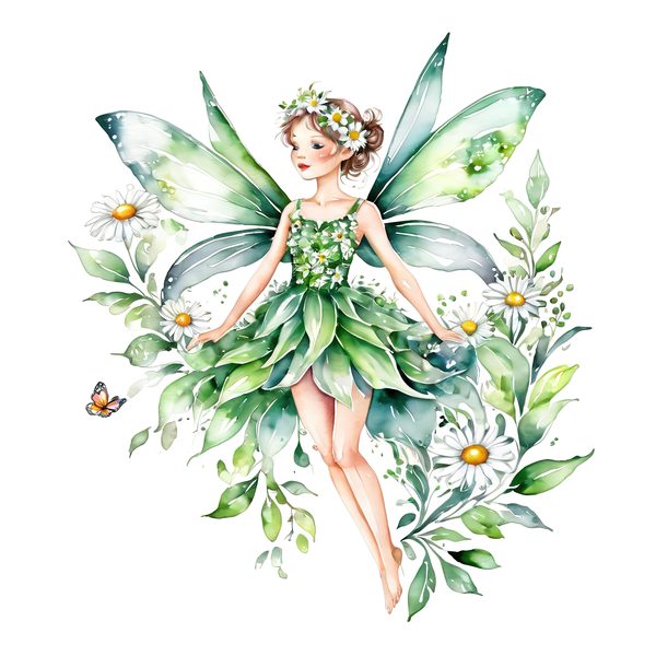 Watercolor Garden Fairy Clipart Set: Green & White Daisies (PNG JPG Digital Download) — image 7