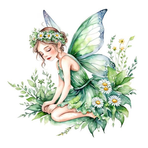 Watercolor Garden Fairy Clipart Set: Green & White Daisies (PNG JPG Digital Download) — image 8