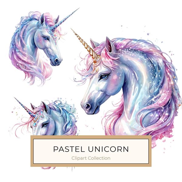Watercolor Unicorn Clipart Set: Sparkling Pastel Unicorns (Digital Download)