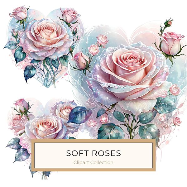 Watercolor Pink Roses Clipart: Soft Hues Floral Designs (JPG, PNG, Commercial Use)