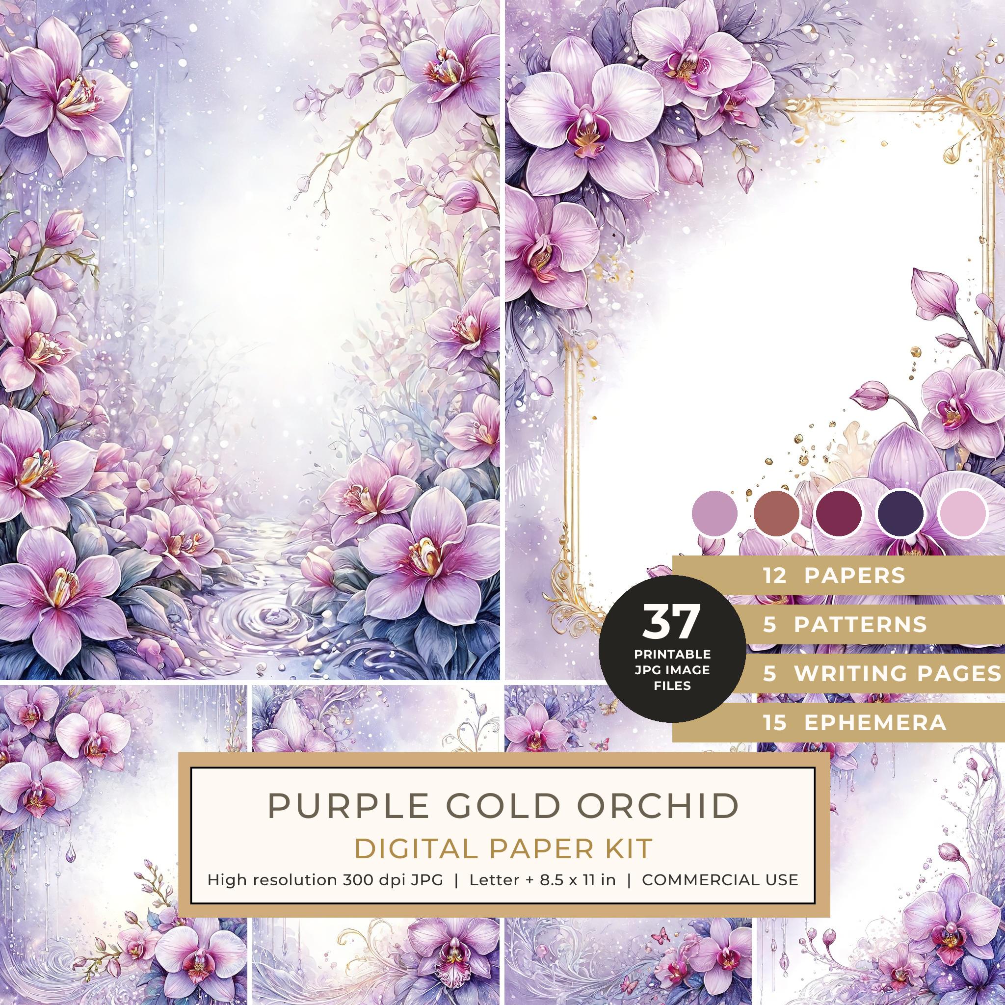 Purple Gold Orchid Watercolor Digital Paper Kit: Printable Papers, Cards, Tags, Ephemera