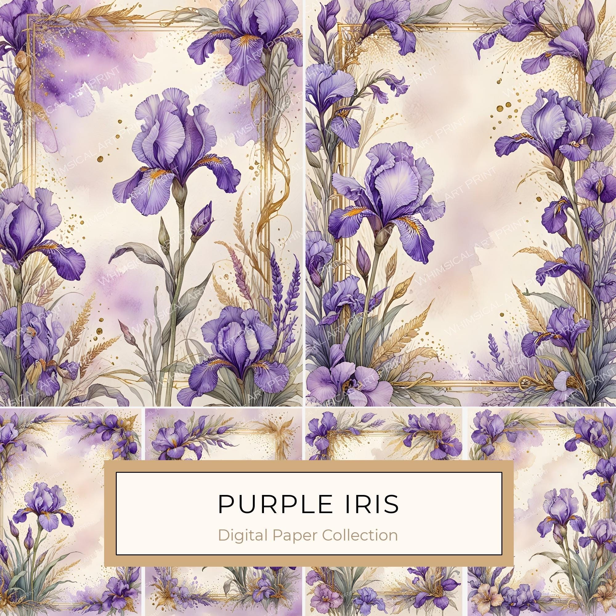 Watercolor Iris Flowers Digital Paper: Purple & Gold Scrapbook (JPGs)
