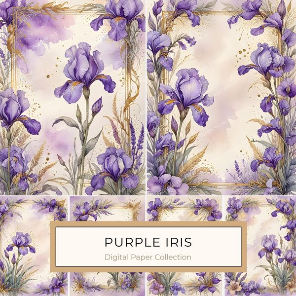 Watercolor Iris Flowers Digital Paper: Purple & Gold Scrapbook (JPGs)