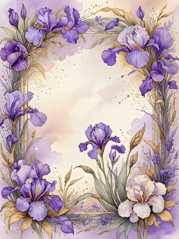 Watercolor Iris Flowers Digital Paper: Purple & Gold Scrapbook (JPGs) — image 1