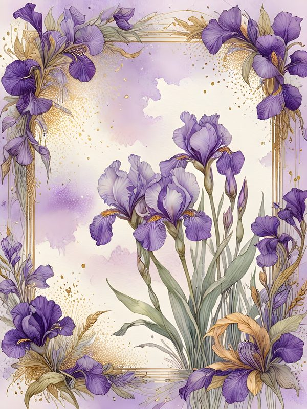 Watercolor Iris Flowers Digital Paper: Purple & Gold Scrapbook (JPGs) — image 2