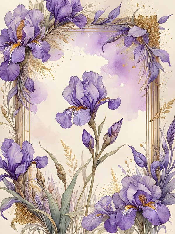 Watercolor Iris Flowers Digital Paper: Purple & Gold Scrapbook (JPGs) — image 5