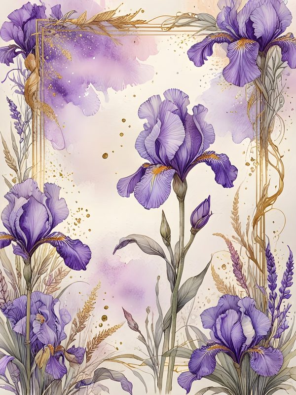 Watercolor Iris Flowers Digital Paper: Purple & Gold Scrapbook (JPGs) — image 6
