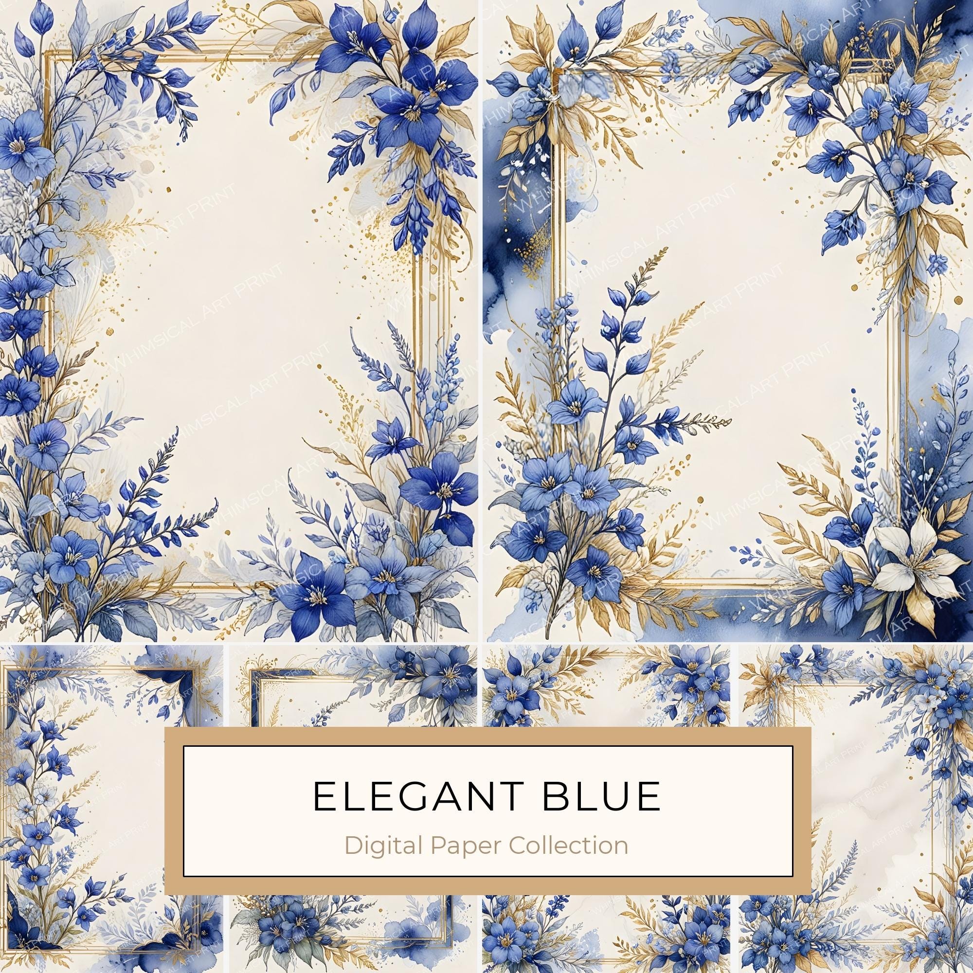 Blue Floral Watercolor Digital Paper: Gold Accents, Scrapbooking (10 JPGs)