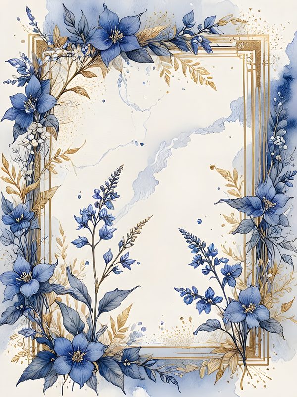 Blue Floral Watercolor Digital Paper: Gold Accents, Scrapbooking (10 JPGs) — image 1