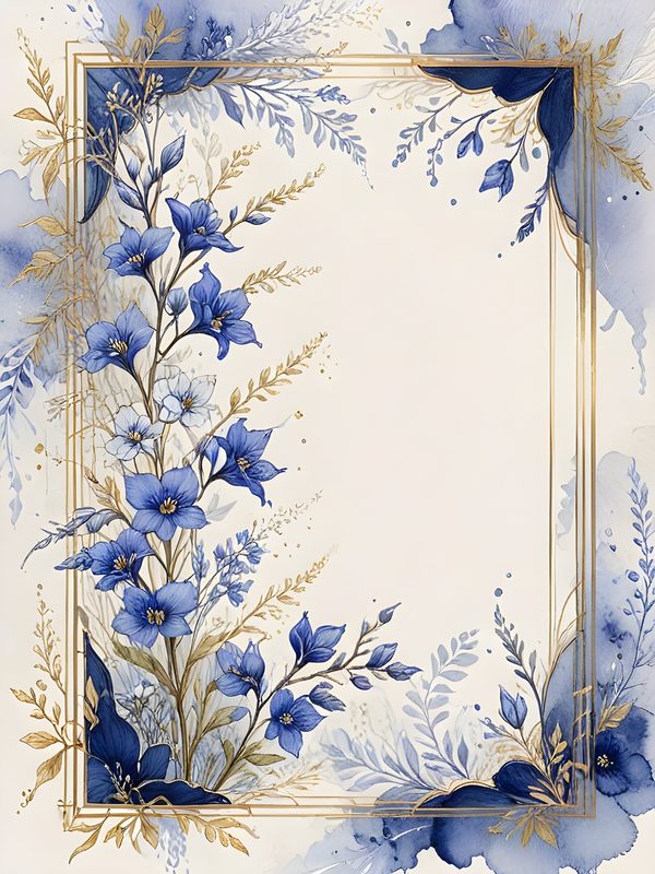 Blue Floral Watercolor Digital Paper: Gold Accents, Scrapbooking (10 JPGs) — image 2