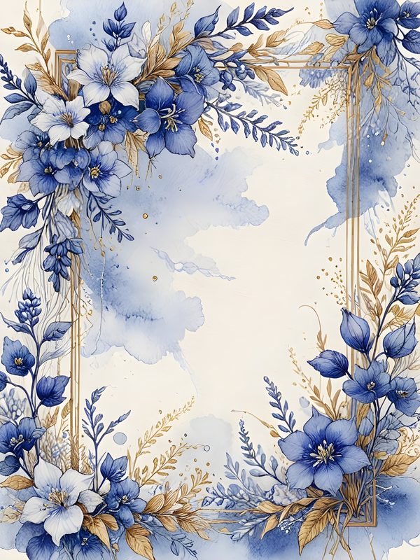 Blue Floral Watercolor Digital Paper: Gold Accents, Scrapbooking (10 JPGs) — image 3
