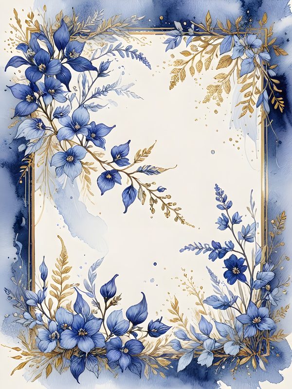 Blue Floral Watercolor Digital Paper: Gold Accents, Scrapbooking (10 JPGs) — image 5