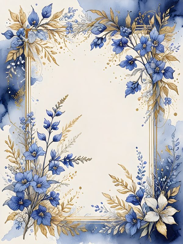 Blue Floral Watercolor Digital Paper: Gold Accents, Scrapbooking (10 JPGs) — image 7