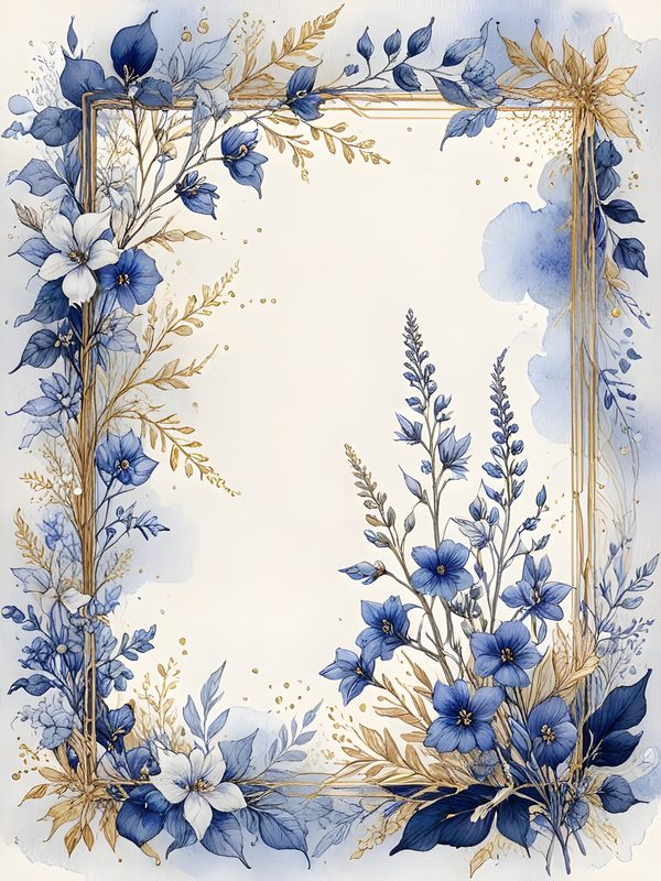 Blue Floral Watercolor Digital Paper: Gold Accents, Scrapbooking (10 JPGs) — image 8
