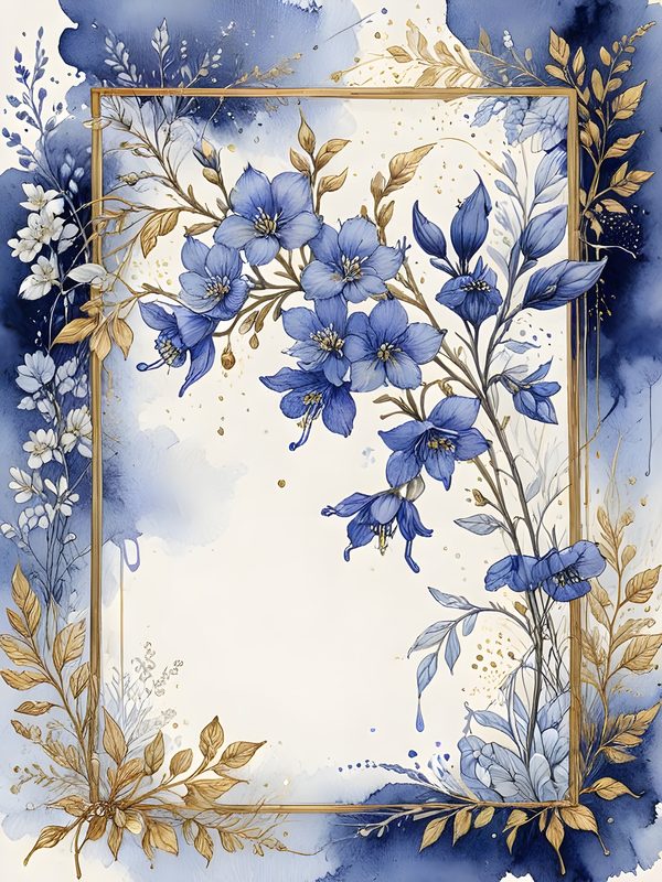Blue Floral Watercolor Digital Paper: Gold Accents, Scrapbooking (10 JPGs) — image 11