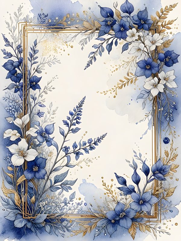 Blue Floral Watercolor Digital Paper: Gold Accents, Scrapbooking (10 JPGs) — image 12