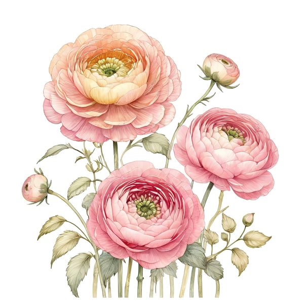 Watercolor Ranunculus Clipart: Pink & Cream Floral Designs (JPG, PNG) — image 2