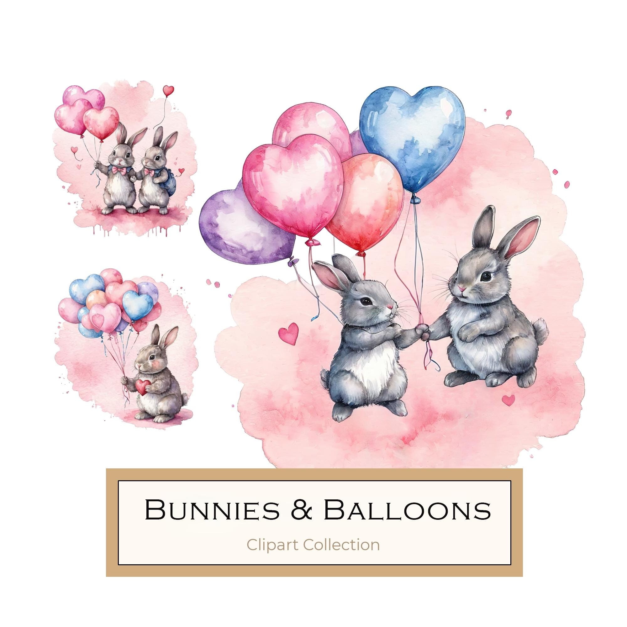 Watercolor Bunny Heart Balloons DIY Crafting Digital Paper 10 JPGs Commercial Use