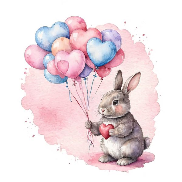 Watercolor Bunny Heart Balloons DIY Crafting Digital Paper 10 JPGs Commercial Use — image 1