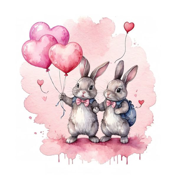 Watercolor Bunny Heart Balloons DIY Crafting Digital Paper 10 JPGs Commercial Use — image 2