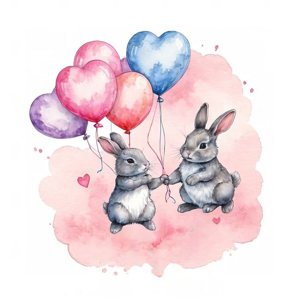 Watercolor Bunny Heart Balloons DIY Crafting Digital Paper 10 JPGs Commercial Use — image 3