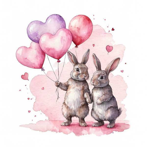 Watercolor Bunny Heart Balloons DIY Crafting Digital Paper 10 JPGs Commercial Use — image 4