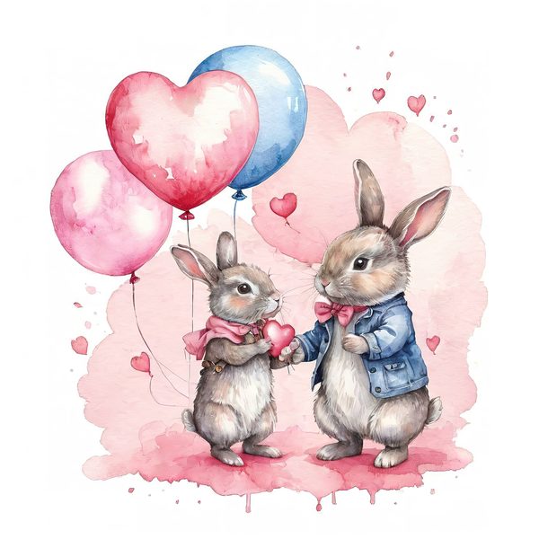 Watercolor Bunny Heart Balloons DIY Crafting Digital Paper 10 JPGs Commercial Use — image 5