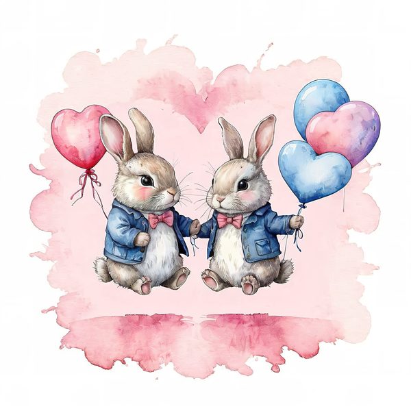 Watercolor Bunny Heart Balloons DIY Crafting Digital Paper 10 JPGs Commercial Use — image 6