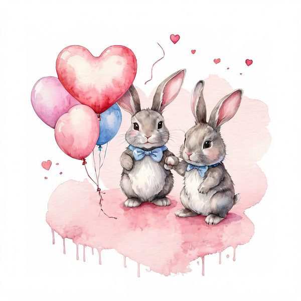 Watercolor Bunny Heart Balloons DIY Crafting Digital Paper 10 JPGs Commercial Use — image 8